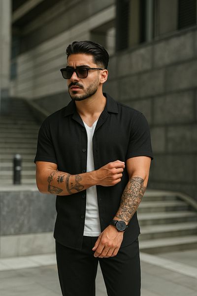 Kokosh moda Ανδρικό κοντομάνικο πλεκτό υφασμάτινο βαμβακερό πουκάμισο