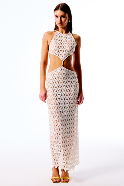 Love On Friday LUCY Boncuk Detaylı Sırtı Açık Örgü Uzun Elbise (Beyaz)