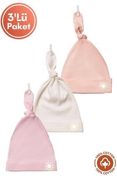 Miniel Unisex Baby Sun Printed Tie-Up Combed Organic Cotton Newborn 3-Piece Baby Beanie Set