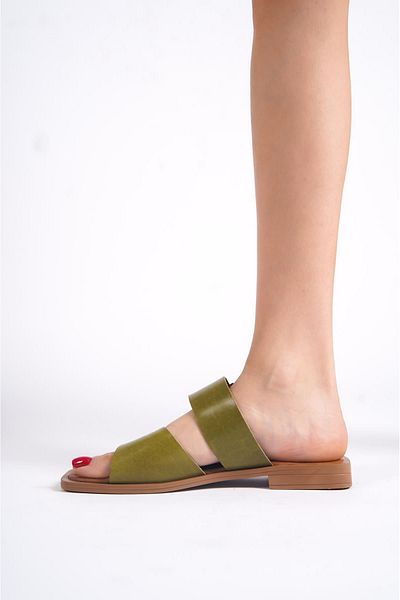 EMOYRA Alessi Khaki Green Genuine Leather Slippers