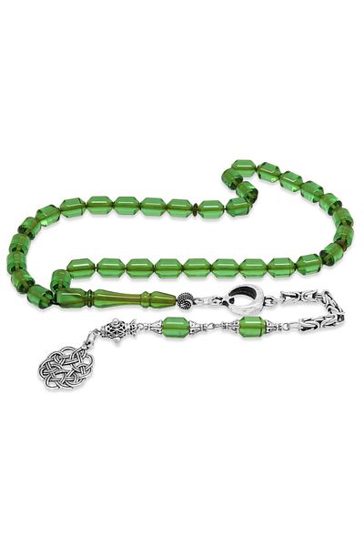 Tesbihane Non-Tarnish Metal King Chain Tasseled Tip Capsule Cut Water Green Fire Amber Prayer Beads