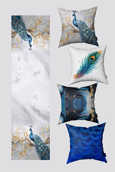 EsnafAli Blue Tropical Peacock Patterned 4-Piece Throw Pillow Cover and Runner Set Ea1013-Rnset4-1, 43 X 43
