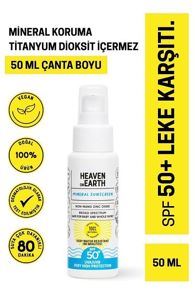 Heaven on Earth Mineral Sunscreen 100% Natural and Organic Content Protected Water Resistant Vegan 50 SPF 50 ml