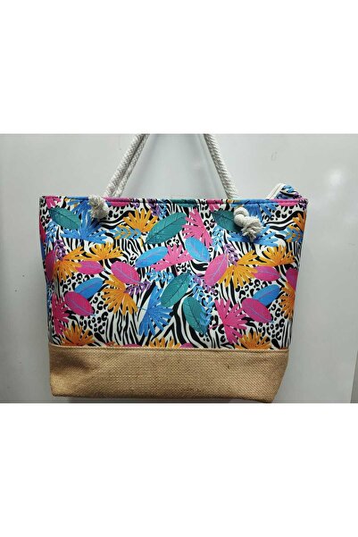 İtal Six Straw Model Pattern Zipper Beach Bag