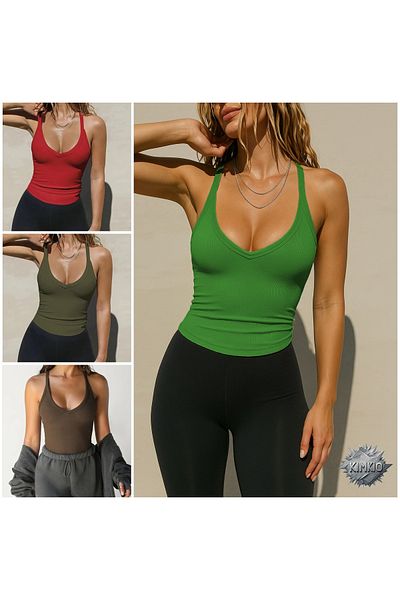KİM Kİ O Women's V-Neck Knit Tank Top Solid Color Slim Fit Multix