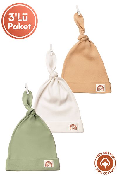 Miniel Unisex Baby Crest Detailed Laced Combed Organic Cotton Newborn 3-Piece Baby Beanie Set
