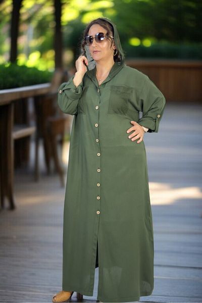 yagmurberen Mesh Hooded Mesh Pocket Boydan Buttoned Folding Sleeve Large Size Cotton Viscose Dress