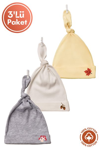 Miniel Unisex Baby Wood Printed Tie-Up Combed Organic Cotton Newborn 3-Piece Baby Beanie Set