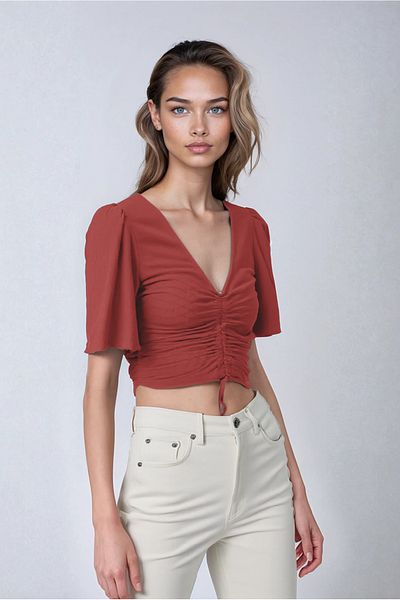 SCREENSHOT Women S V-Neck Smocked Short Sleeve Crop Blouse / with Different Color Options / Comfortable and Stylish Design