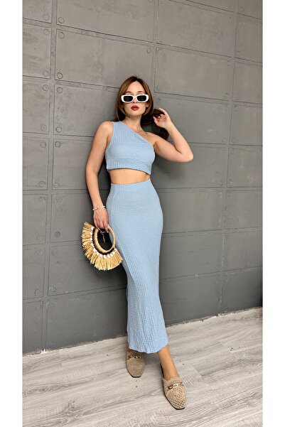 orjinal blue b Gagari Fabric Blouse Skirt Set