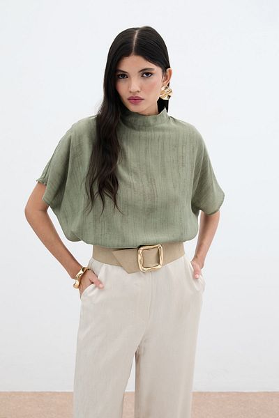 Sateen Patterned Loose Blouse - Khaki