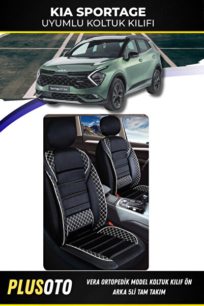 PlusOto مجموعة أغطية مقاعد السيارة باللونين الأبيض والأسود من سلسلة Vera المتوافقة مع Kia Sportage مكونة من 5 قطع M-490