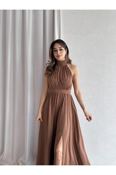 KOSHKA BUTİK Coffee Halter Neck Slit Long Silk Satin Dress