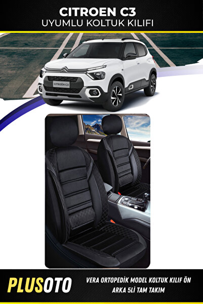 PlusOto Citroen C3 Compatible Vera Series Black Car Seat Cover Set of 5 M-55