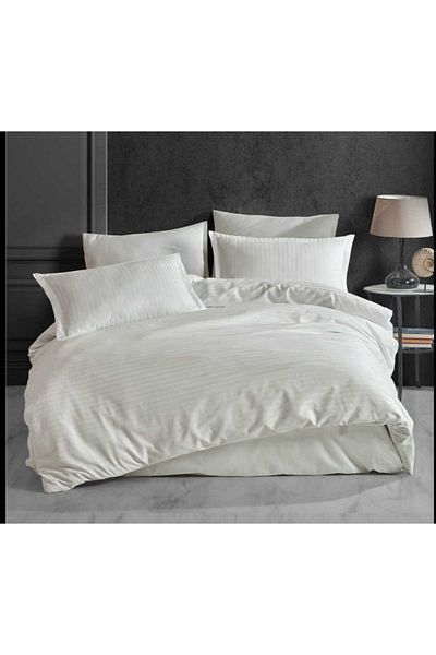 Aran Clasy Double Ecru Satin Duvet Cover Set - Clasy Striped