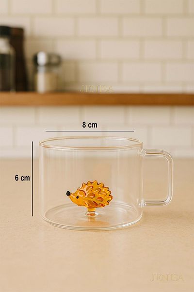 Jenisa 200 ml Borosilicate Glass Mug with Hedgehog Figure – Heat Resistant, Transparent Design