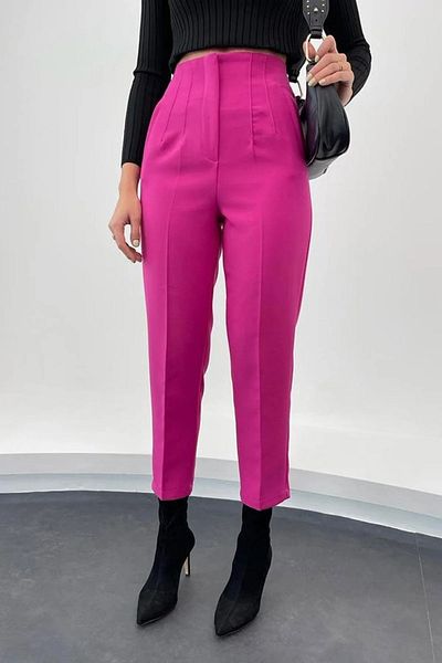 A&O Style Women's Fuchsia High Waist Carrot Model Fabric Trousers with Pockets on the Front