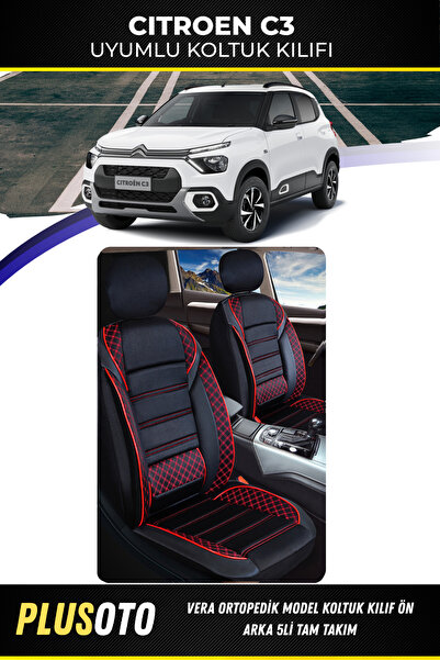 PlusOto Citroen C3 Compatible Vera Series Black Red Car Seat Cover Set of 5 M-53