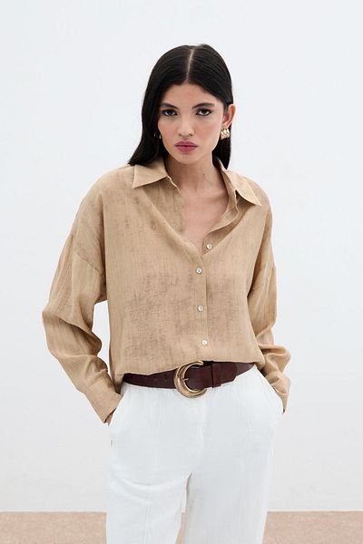Sateen Patterned Thin Casual Shirt - Camel