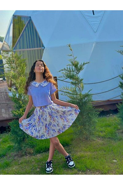 Hilal Akıncı Kids Floral patterned linen fabric pleated skirt set