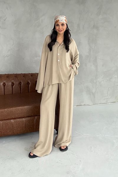 Seda Yalçın Atelier Khaki Linen Polo Collar Shirt Pants Set