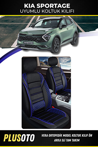 PlusOto مجموعة أغطية مقاعد السيارة المتوافقة مع سلسلة Vera من Kia Sportage باللون الأسود والأزرق مكونة من 5 قطع M-492