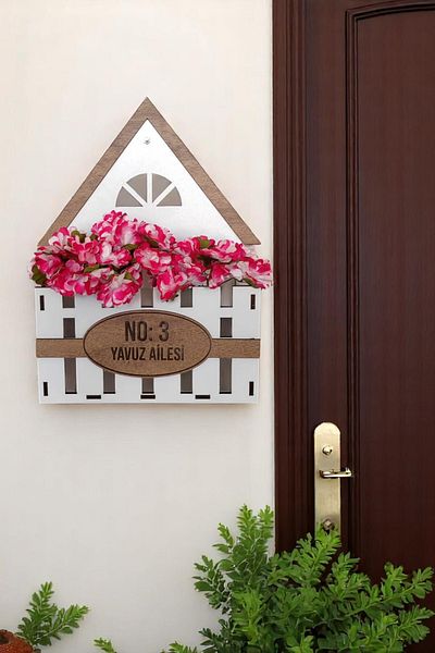 AHWALL Wooden Decorative Personalized, Customized Production Door Number with Flower Pot Area and Artificial Flowers