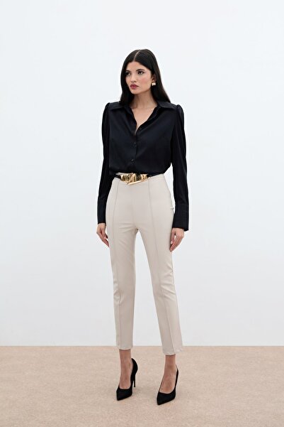 Sateen Yüksek Bel Deri Pantolon - Taş