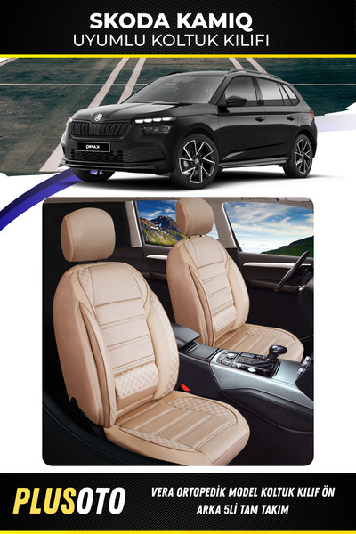 PlusOto سكودا كاميك متوافق مع فيرا سلسلة غطاء مقعد السيارة البيج مجموعة من 5 ...