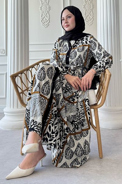 InStyle Belted Leaf Pattern Black Viscose Dress with Colorful Patches
