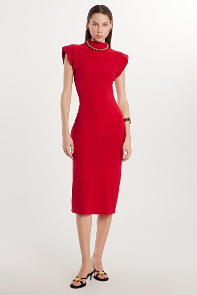 Tudors Kadın Slim Fit Dar Kesim Sıfır Kol Yarım Balıkçı Yaka Kırmızı Elbise