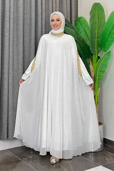 Bym Fashion Stone Processing Detailed Dress Cape Suit 3875 Ecru