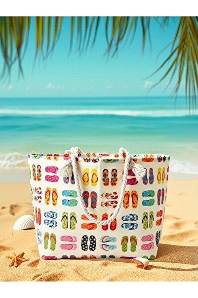 PH Prendi Home Παντόφλες παραλίας με σχέδια μεγάλου μεγέθους για πικνίκ και τσάντα παραλίας – Λαβή από σχοινί – 55x36x15 cm
