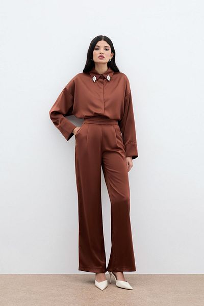 Sateen بنطلون ستان فضفاض بجيوب - بني