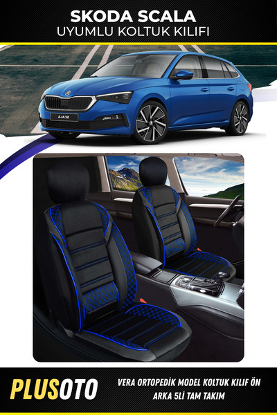 PlusOto سكودا سكالا متوافق مع سلسلة فيرا أسود أزرق غطاء مقعد السيارة مجموعة م...