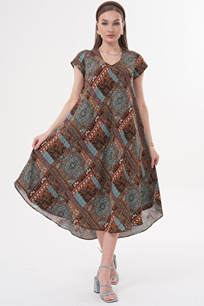 Siyezen V Yaka Etnik Desen Kloş Elbise