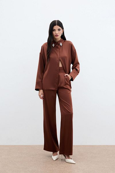 Sateen Accessory Detailed Shirt - Brown