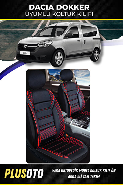 PlusOto Dacia DokkerUyumlu Vera Serisi Siyah Kırmızı Oto Koltuk Kılıfı 5li Ta...