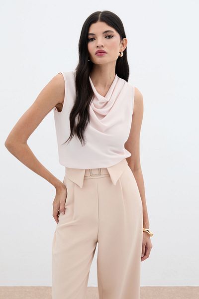 Sateen Flounce Collar Sleeveless Blouse - Powder