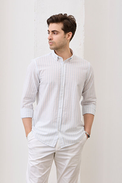 Yardalı Çizgili Modern Slim Fit Keten Görünümlü %100 Pamuk Uzun Kol Erkek Gömlek