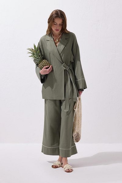 KADRİYE BAŞTÜRK Maria Bias Linen Jacket Trousers Suit Khaki Green