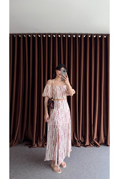 HAZELANNA Pembe Desenli Etek-Crop Takım