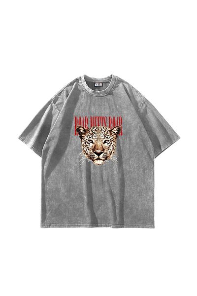 Sekizbiraltı Roar Meets Printed Oversize Unisex Washed White Tshirt