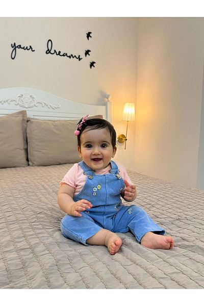 Minizade Floral Embroidered Soft Lycra Organic Denim Salopette Short Sleeve Badi 2-Piece Set Jumpsuit