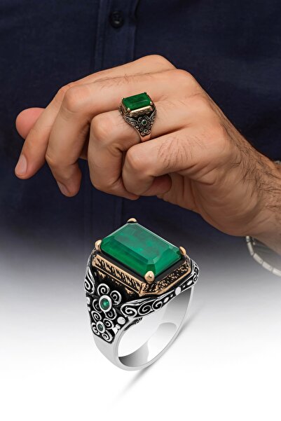 ALYANSEVİM Kare Yeşil Paraipa Taşlı 925 Gümüş Erkek Yüzük