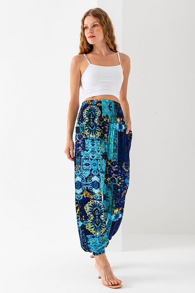GİYSA Ethnic Patterned Blue Women's Yoga Pants - 100% Viscose, Double Pockets - 2460