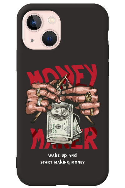 WANNA PROTECT iPhone 15 Siyah İçi Kadife Make Money Desenli Silikon Telefon K...