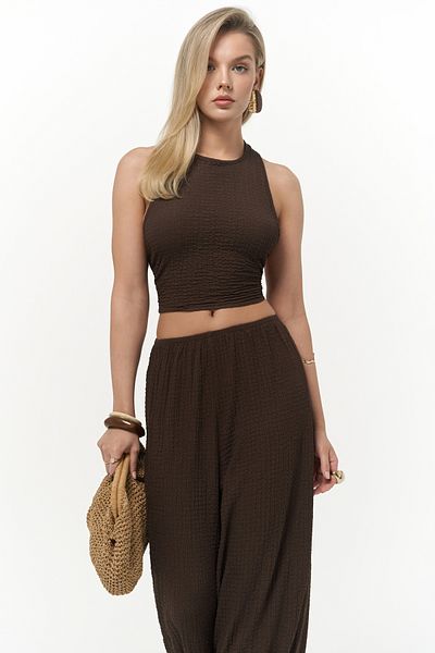 MAİ COLLECTİON Ayshe Tied Brown Crop Pants Set