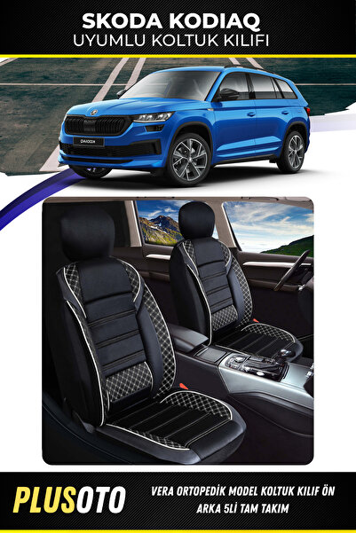 PlusOto سكودا كودياق متوافق مع سلسلة فيرا أسود أبيض غطاء مقعد السيارة مجموعة ...