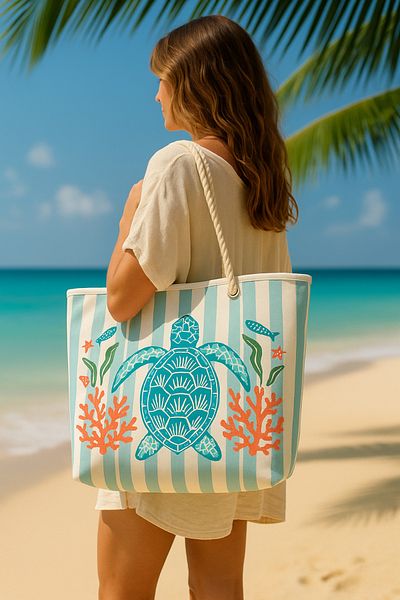 PRENDİ HOME Caretta Caretta με μοτίβο μεγάλου μεγέθους τσάντα για πικνίκ και παραλία – Λαβή από σχοινί – 55x36x15 cm